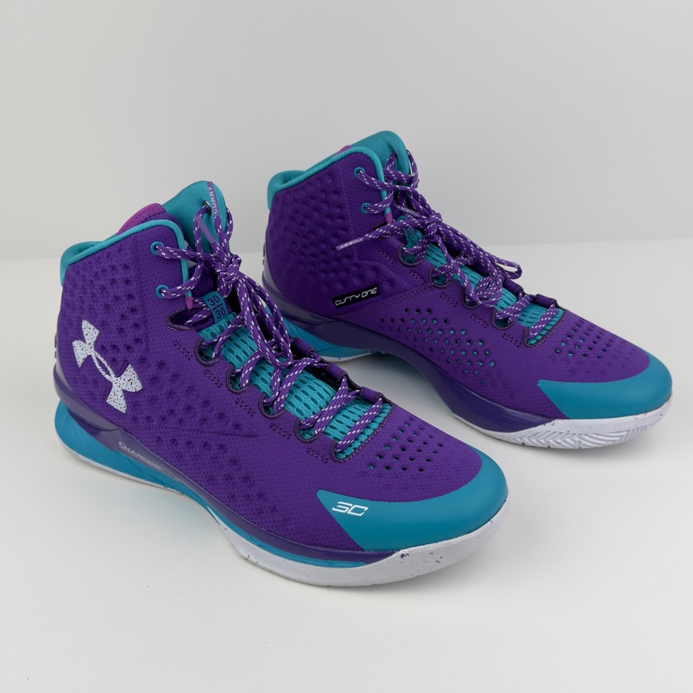 Under Armour Purple Teal Curry 1 Charged Mid Basketball Sneakers Sz 13